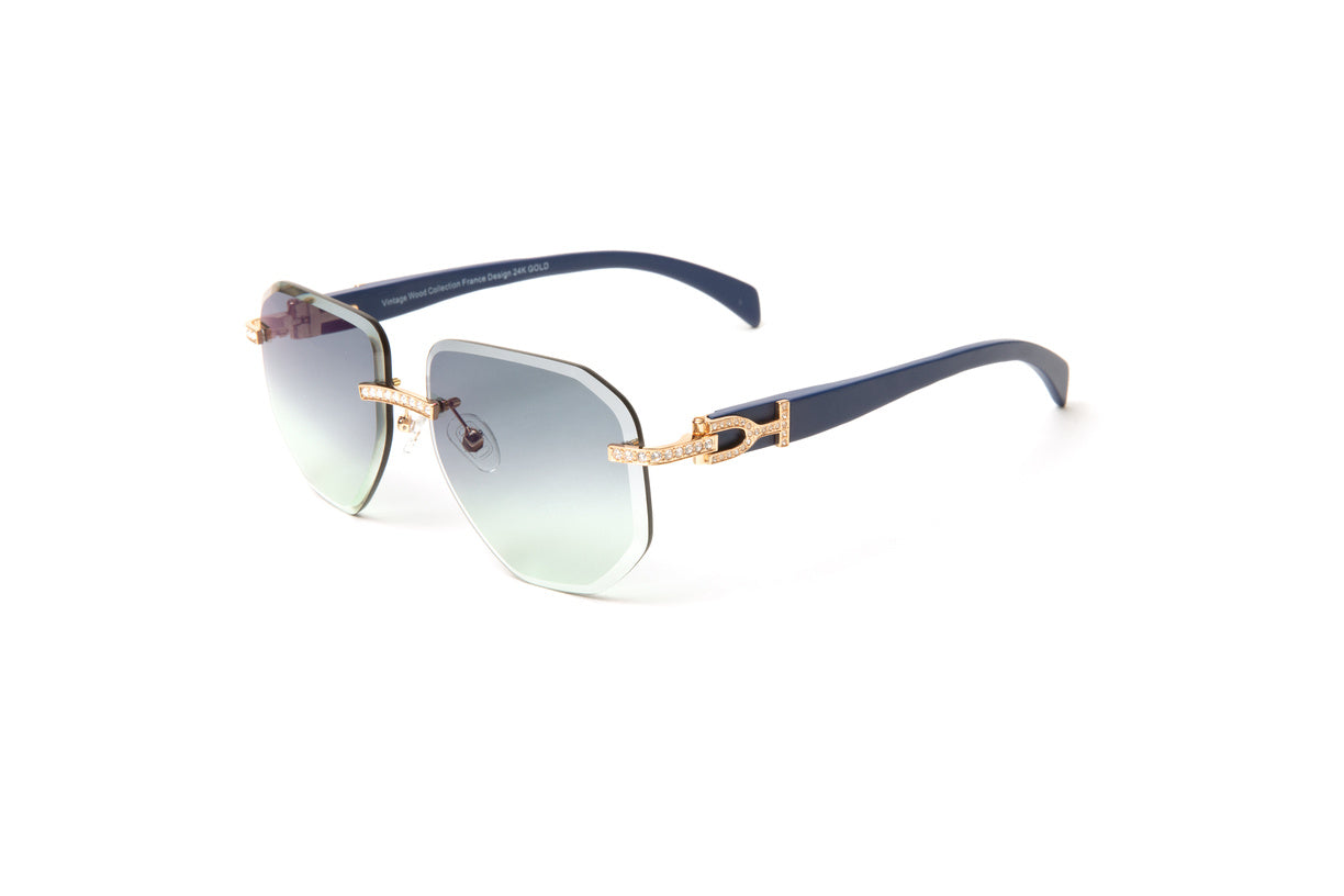 24kt gold plated Swarovski crystal rimless aviator glasses for men with blue wood temples and gradient grey to green lenses, Cartier two  tone glasses, Migos glasses, Urban men's hip hop fashion