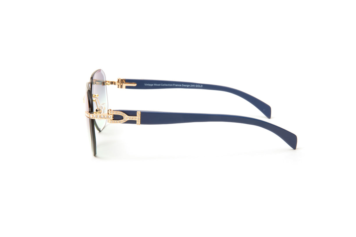 24kt gold plated Swarovski crystal rimless aviator glasses for men with blue wood temples and gradient grey to green lenses, Cartier two  tone glasses, Migos glasses, Urban men's hip hop fashion
