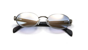 VWC Oval Black Wood Sunglasses, Silver Frames, Gradient Grey + White Gold Flash Lenses