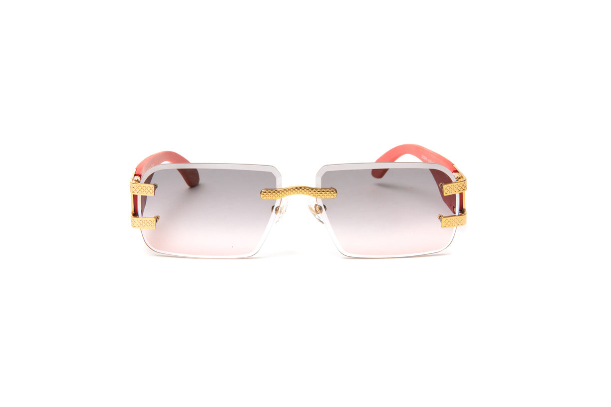 24kt gold red wood Cartier style glasses with two toned gradient grey to red lenses, rapper outfit, streetstyle fashion, hip hop outfit, quavo style