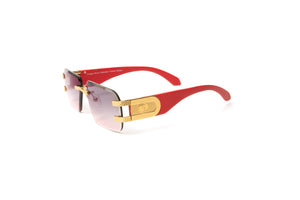 24kt gold red wood Cartier style glasses with two toned gradient grey to red lenses, rapper outfit, streetstyle fashion, hip hop outfit, quavo style