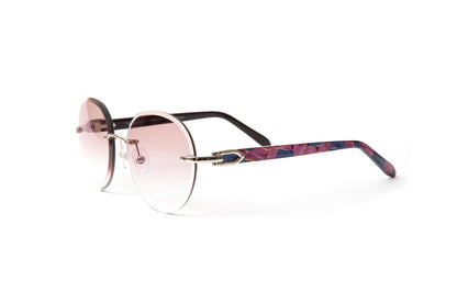 Santos round acetate sunglasses by Vintage Wood Collection with blue and pink temples and gradient brown lenses, Cartier comparable sunglasses