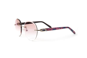 Santos round acetate sunglasses by Vintage Wood Collection with blue and pink temples and gradient brown lenses, Cartier comparable sunglasses