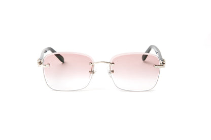 Santos rimless eyewear collection with black, white and gold marbled acetate temples, Cartier style sunglasses for men, street style eyewear by VWC Eyewear