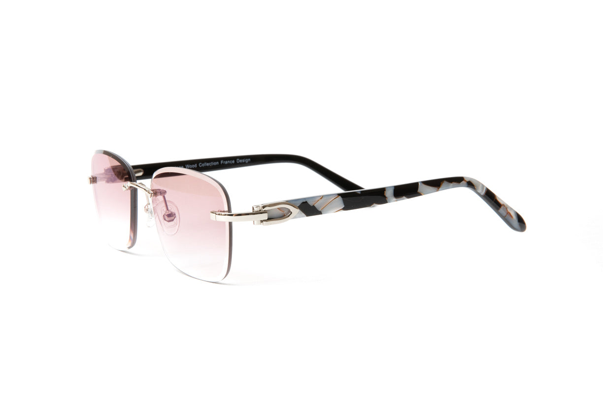 Santos rimless eyewear collection with black, white and gold marbled acetate temples, Cartier style sunglasses for men, street style eyewear by VWC Eyewear