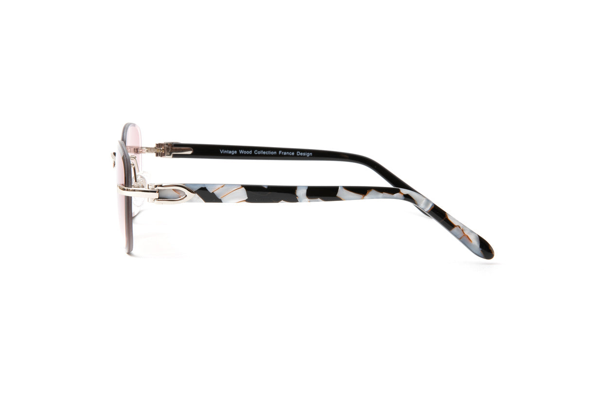 Santos rimless eyewear collection with black, white and gold marbled acetate temples, Cartier style sunglasses for men, street style eyewear by VWC Eyewear