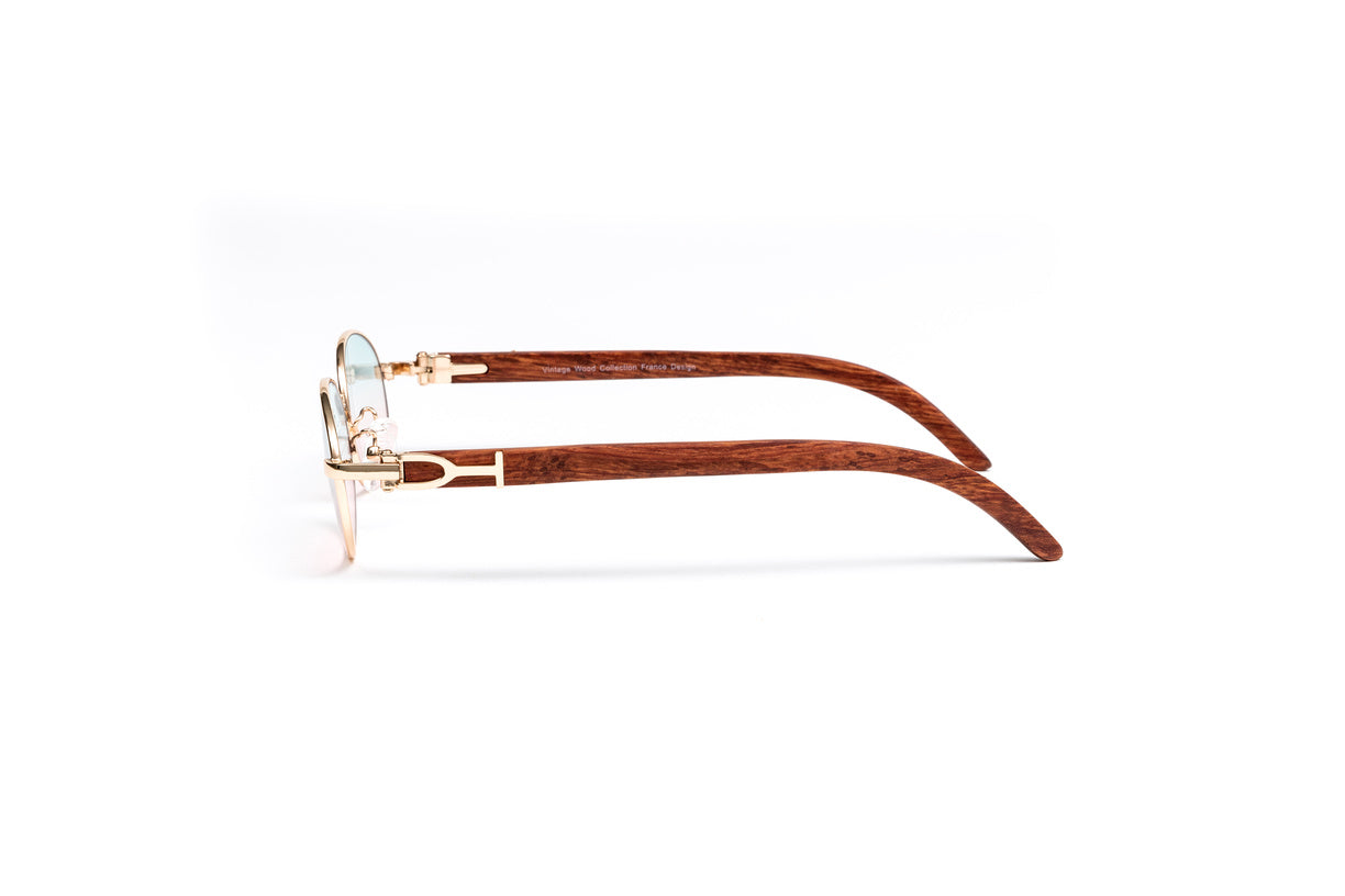 VWC Eyewear Gold Wood Oval Sunglasses 18KT Gold Plated Frame Gradient Blue Pink Lenses